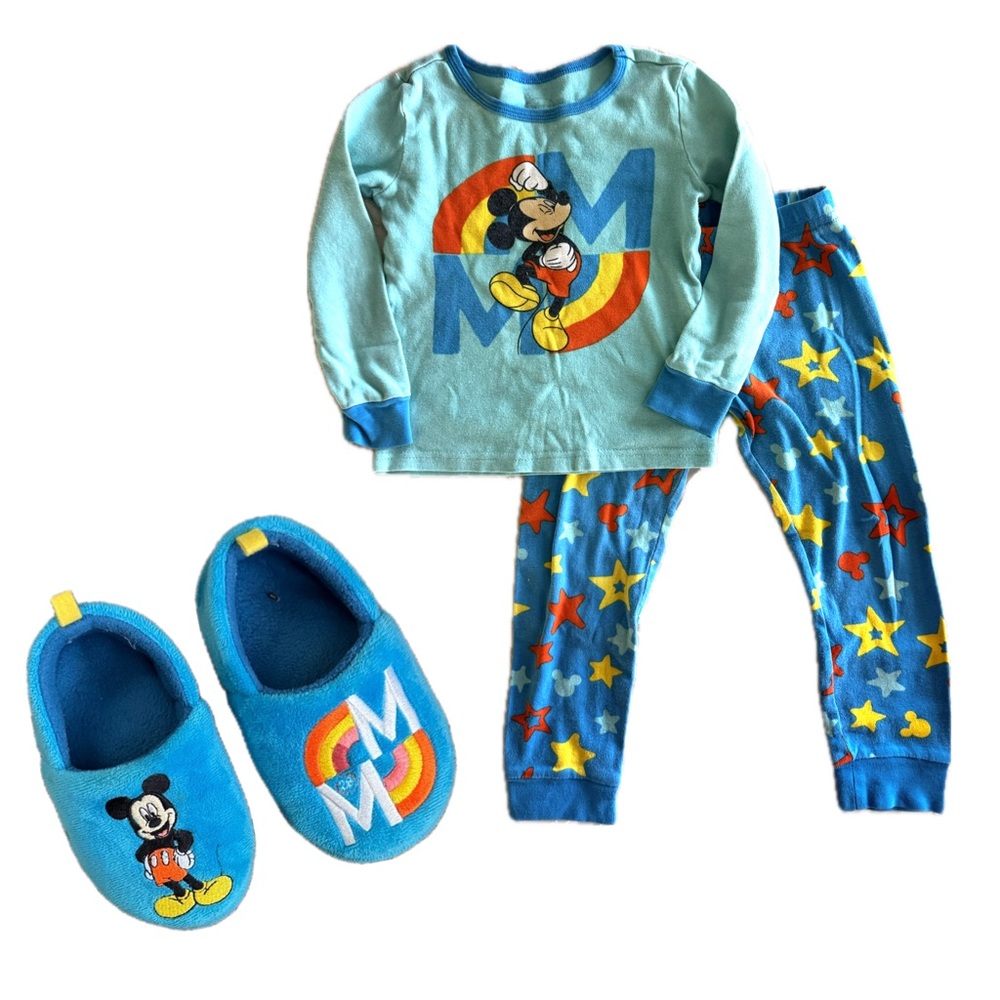 Disney Mickey Mouse Pajama Set + Matching Slippers Toddler Blue Sleepwear Bundle